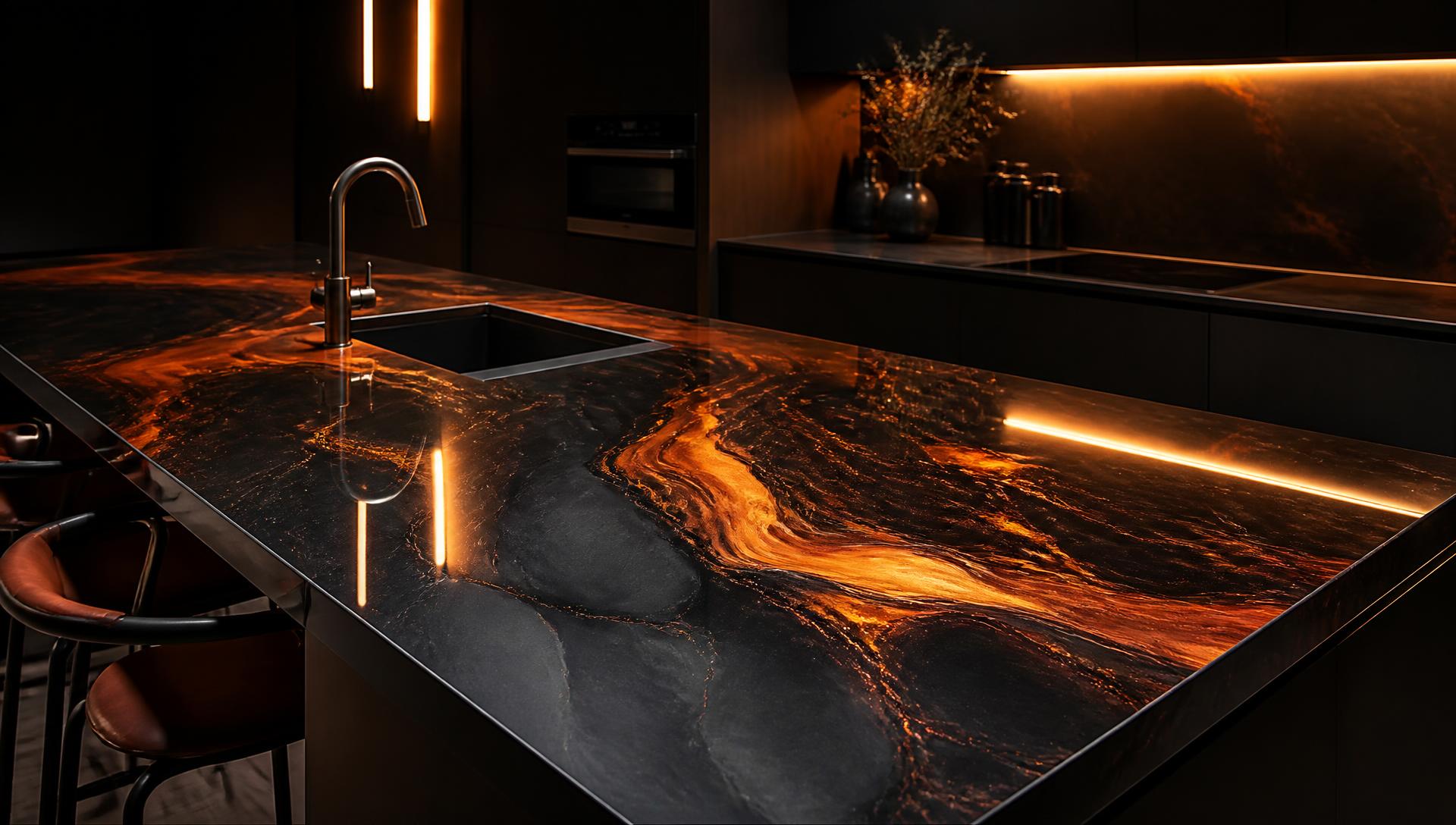 Luxury epoxy countertop with charcoal and ember metallic finish